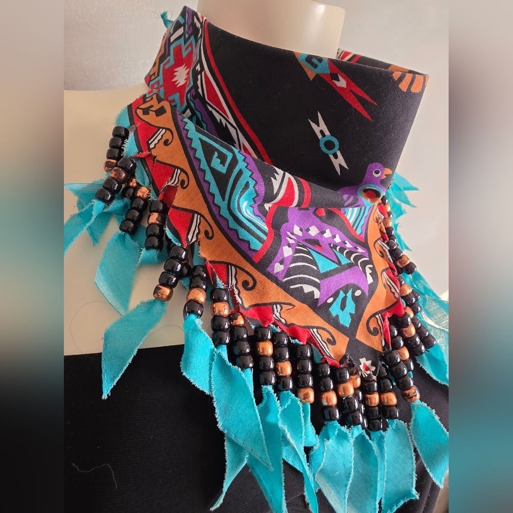 Vintage Handmade Beaded Bandana Southwest Print Fringed Neck Scarf Festival - Picture 3 of 9